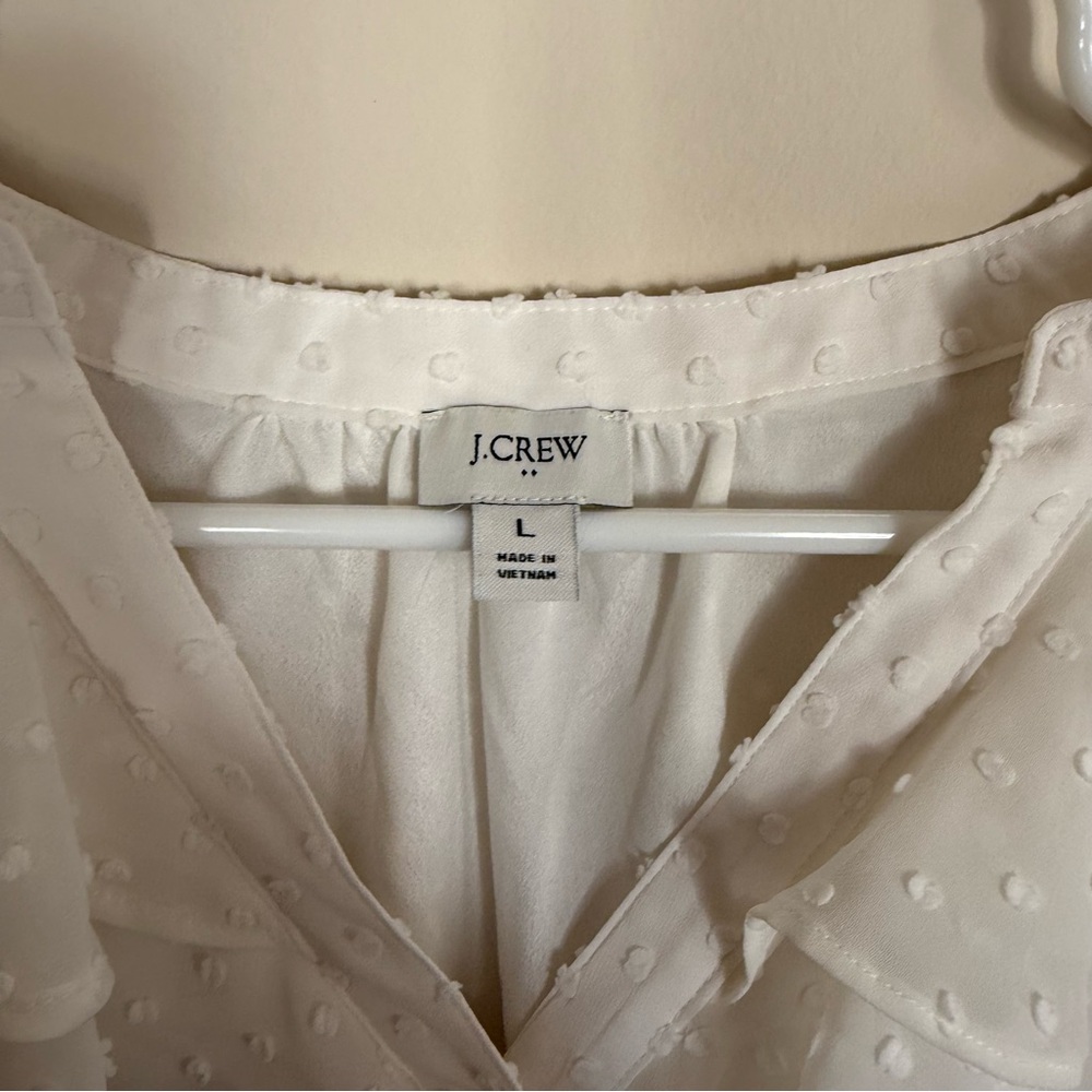 J. Crew Ivory Clip-Dot V-Neck Ruffled Button Up Long Sleeve Shirt Size Large - Picture 4 of 8